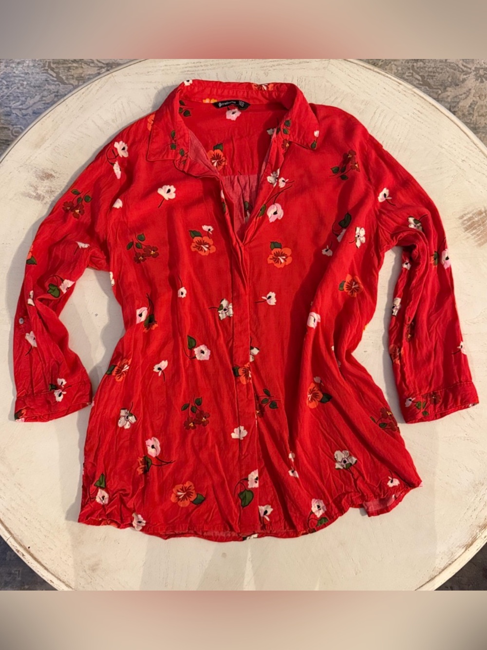 Stradivarius red floral button up blouse sz XL
